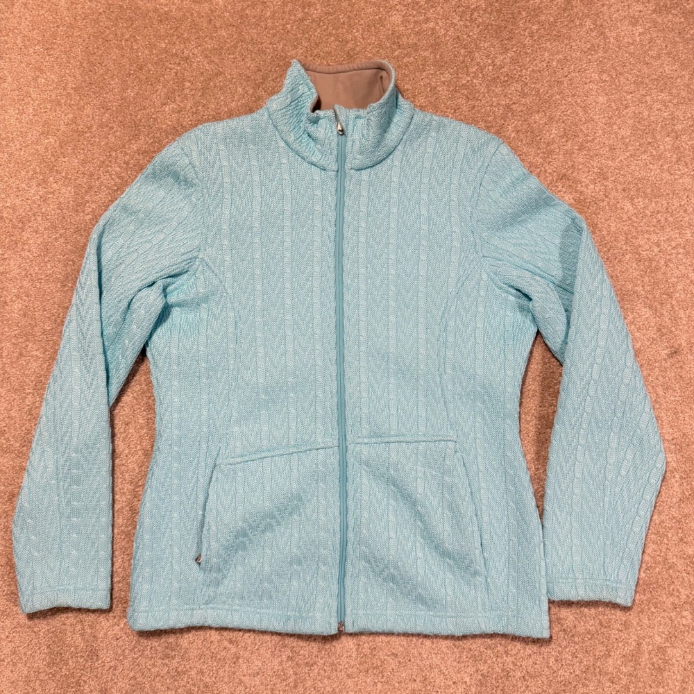Spyder Full Zip Jacket Women L Blue Cable Knit Fleece‎ Lined Mock Neck Sweater